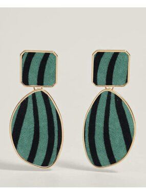 Green Zebra Print Retro Gold Bezel Drop Dangle Earrings